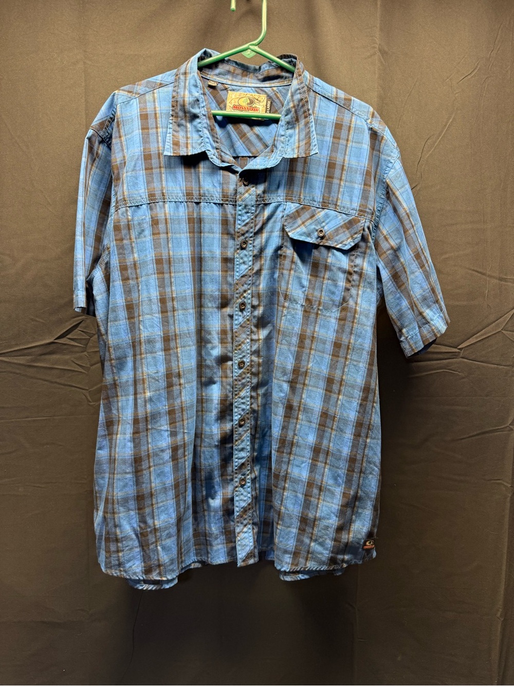 EUC Mossy Oak Blue and Brown Plaid Short-Sleeve Button-Down Shirt Sz 2XL (13ab)